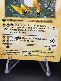 Raichu 1st Edition Base Set Holo Rare 14/102 80 HP 1999 English Pokemon Card - Image 3
