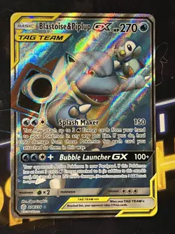 2019 Pokemon TCG Sm-Cosmic Eclipse #214/236 Blastoise & Piplup GX TAG TEAM Holo - Image 1