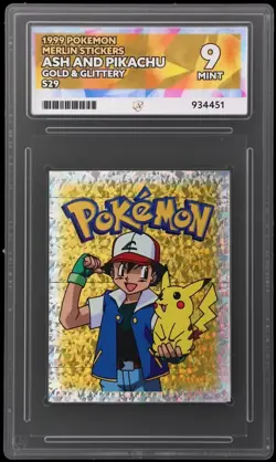 Pokemon Ash & Pikachu S29 Prism Gold ACE 9 Graded Pokemon Merlin Sticker 1999 - Image 1