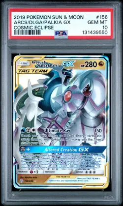 2019 POKEMON SUN & MOON COSMIC ECLIPSE #156 ARCEUS & DIALGA & PALKIA GX PSA 10 - Image 1