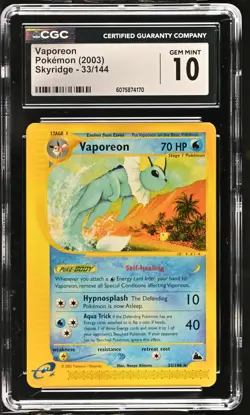 CGC 10 GEM MINT Vaporeon 2003 Skyridge 33/144 Pokemon Card - Image 1