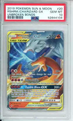 2019 Pokemon S&M Unbroken Bonds Reshiram & Charizard GX PSA 10 FDP105 - Image 1