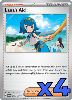 4x Lana's Aid 155/167 Sv06: Twilight Masquerade PLAYSET x4 - Pokemon TCG - NM - Image 1