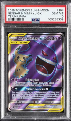 2019 POKEMON SUN & MOON TEAM UP #164 FULL ART/GENGAR & MIMIKYU GX PSA 10 - Image 1