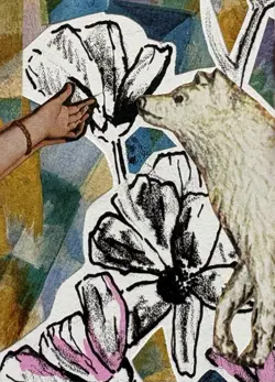 ACEO Original Art Card, Collage, 2.5 x 3.5, Dog, Flowers, Lithography - Image 1