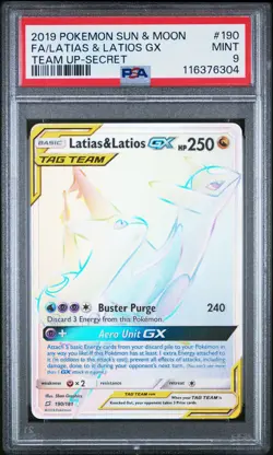 2019 POKEMON SUN & MOON TEAM UP SECRET #190 FULL ART/LATIAS & LATIOS GX PSA 9 - Image 1