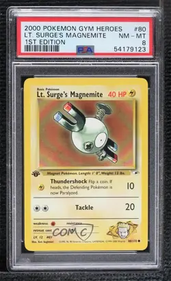 Lt Surge's Magnemite 1st Ed. Pokemon Gym Heroes PSA 8 2000 - Image 1