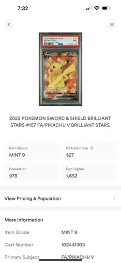 PSA 9 2022 POKEMON SWORD & SHIELD BRILLIANT STARS #157 FULL ART PIKACHU V - Image 3