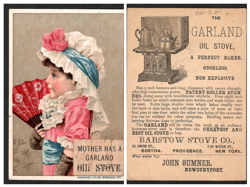 TRADE CARD~GARLAND OIL STOVE~PATENT ROLLER BURNERS~JOHN SUMNER, NEWBURYPORT, MA - Image 1