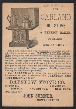TRADE CARD~GARLAND OIL STOVE~PATENT ROLLER BURNERS~JOHN SUMNER, NEWBURYPORT, MA - Image 3