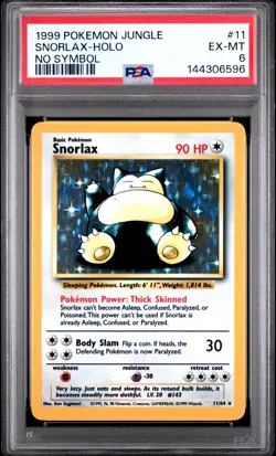 1999 POKEMON JUNGLE NO SYMBOL #11 SNORLAX-HOLO PSA 6 - Image 1
