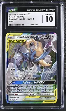 CGC 10 LUCARIO & MELMETAL GX 120 UNBROKEN BONDS SUN & MOON TAG TEAM POKEMON - Image 1