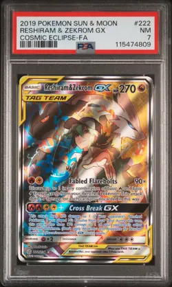 2019 POKEMON SUN & MOON COSMIC ECLIPSE #222 FULL ART/RESHIRAM & ZEKROM GX PSA 7 - Image 1