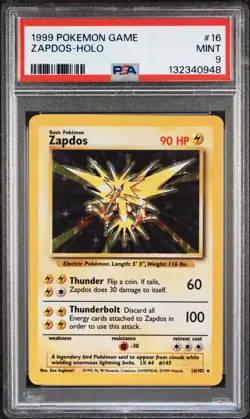 1999 POKEMON BASE SET UNLIMITED #16 ZAPDOS-HOLO PSA 9 - Image 1