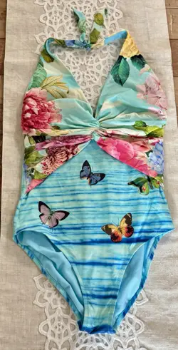 Johnny Was One Piece Swimsuit Butterfly Floral Halter Twist Front Size M - Image 1