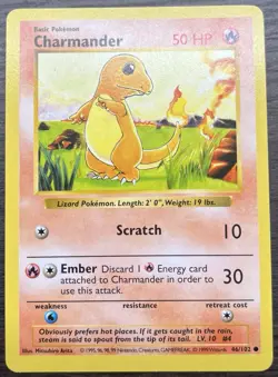 Charmander 046/102 Pokemon TCG WOTC Base Set Shadowless Common Light Play LP - Image 1