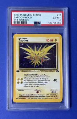 1999 Pokemon Fossil Zapdos Holo 1st Edition #15 PSA 6 EX-MT - Image 1