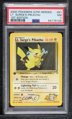 Lt Surge's Pikachu 1st Ed. Pokemon Gym Heroes PSA 7 2000 - Image 1