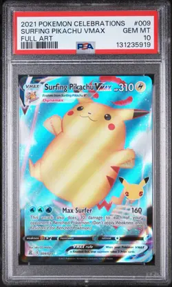 2021 POKEMON CELEBRATIONS #009 FULL ART/SURFING PIKACHU VMAX PSA 10 - Image 1