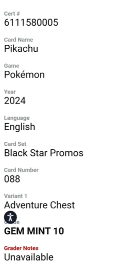 2024 POKEMON BLACK STAR PROMOS ADVENTURE CHEST #088 PIKACHU CGC 10 GEM MINT - Image 2