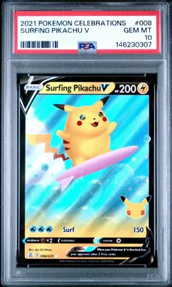 PSA 10 GEM MT 💎 2021 POKEMON CELEBRATIONS #008 SURFING PIKACHU V - Image 1