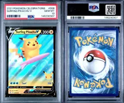 PSA 10 GEM MT 💎 2021 POKEMON CELEBRATIONS #008 SURFING PIKACHU V - Image 3