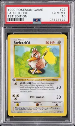 1999 POKEMON BASE SET 1ST EDITION #27 FARFETCH'D PSA 10 - Image 1