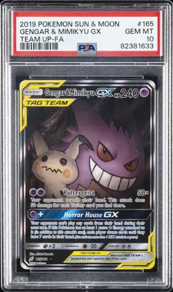 2019 POKEMON SUN & MOON TEAM UP #165 FULL ART/GENGAR & MIMIKYU GX PSA 10 - Image 1