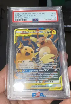2019 Pokemon Raichu & Alolan Raichu GX Sun & Moon Unified Minds 54/236 PSA 9 MT - Image 1
