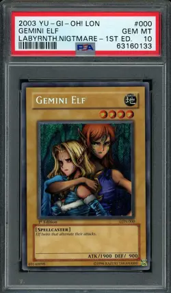 2003 Yu-Gi-Oh! LON-000 1st Edition Gemini Elf Secret Rare PSA 10 GEM MINT - Image 1