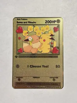 Eevee & Pikachu I Choose You! Romantic High Quality Gold Metal Fan Art Card - Image 1