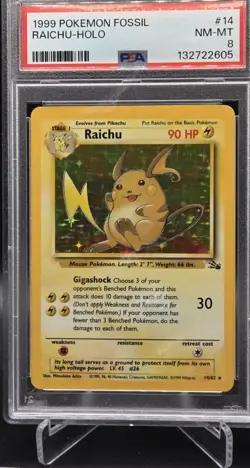 Pokemon 1999 Fossil #14 Raichu HOLO Graded PSA 8 - Image 1