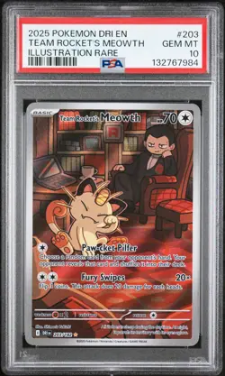 2025 POKEMON DESTINED RIVALS ILLUSTRATION RARE #203 TEAM ROCKET'S MEOWTH PSA 10 - Image 1