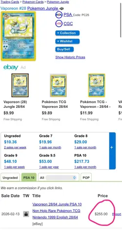 Vaporeon 28/64 GRADED 10 GEM MINT PGC old pokemon card 1999 - Image 3