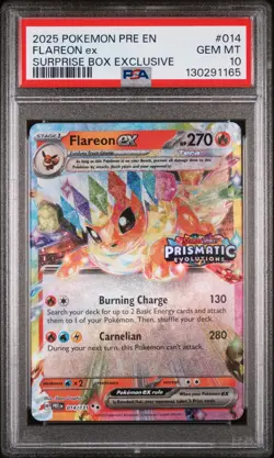 2025 POKEMON PRISMATIC EVOLUTIONS SURPRISE BOX EXCLUSIVE #014 FLAREON EX PSA 10 - Image 1
