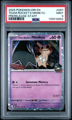 2025 POKEMON DRI EN-DESTINED RIVALS PRERELEASE-STAFF TEAM ROCKET'S MIMIKYU PSA 9 - Image 1