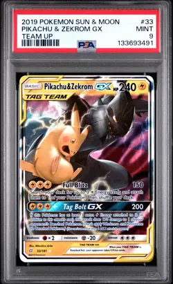 2019 POKEMON SUN & MOON TEAM UP #33 PIKACHU & ZEKROM GX PSA 9 - Image 1