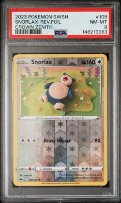 2023 POKEMON SWORD & SHIELD CROWN ZENITH #109 SNORLAX-REVERSE FOIL PSA 8 - Image 1