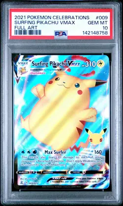 2021 POKEMON CELEBRATIONS #009 FULL ART/SURFING PIKACHU VMAX PSA 10 - Image 1