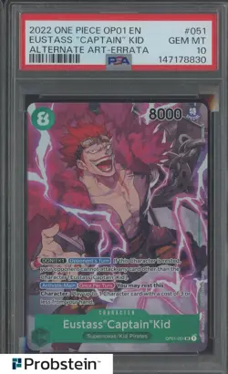 2022 One Piece OP01 EN #051 Eustass ''Captain'' Kid ALT ART-ERRATA PSA 10 - Image 1