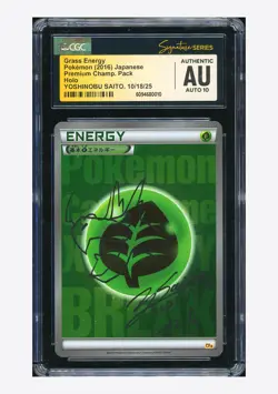 Pokemon CGC 10 AUTH AUTO 10 Grass Energy Holo Yoshinobu Saito 2016 CP4 Japanese - Image 1
