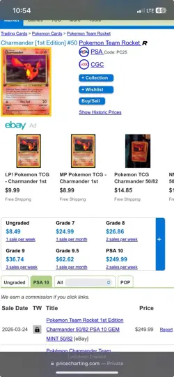 Dark Charmander 50/82 first edition GRADED 10 NEAR MINT PGC old pokemon card - Image 4