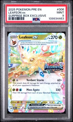 2025 POKEMON PRE EN-PRISMATIC EVOLUTIONS #006 LEAFEON EX SURPRISE BOX PSA 9 #63 - Image 1