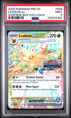 2025 POKEMON PRE EN-PRISMATIC EVOLUTIONS #006 LEAFEON EX SURPRISE BOX PSA 9 #62 - Image 1