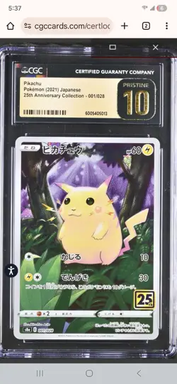 CGC 10 Pristine Pikachu 001/028 25th Anniversary 2021 Pokemon Japanese Eq PSA 10 - Image 1
