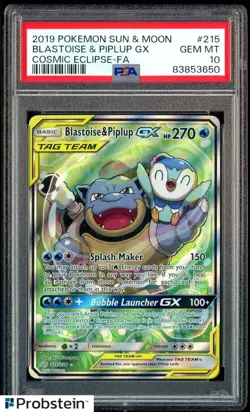 2019 Pokemon Sun & Moon Cosmic Eclipse #215 FA Blastoise & Piplup GX PSA 10 - Image 1