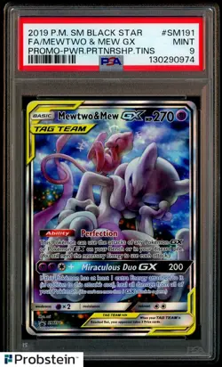 2019 Pokemon SM BSP Power Partnership Tins #SM191 FA Mewtwo & Mew Gx PSA 9 - Image 1