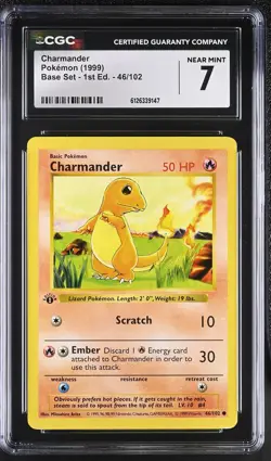 CGC 7 Charmander 46/102 Base Set 1st Edition Shadowless Pokemon Card - Image 1