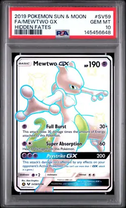 2019 POKEMON SUN & MOON HIDDEN FATES #SV59 FULL ART/MEWTWO GX PSA 10 - Image 1