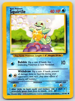 Squirtle - Base Set 63/102 Vintage Mitsuhiro Arita WotC Pokemon TCG Card MP - Image 1
